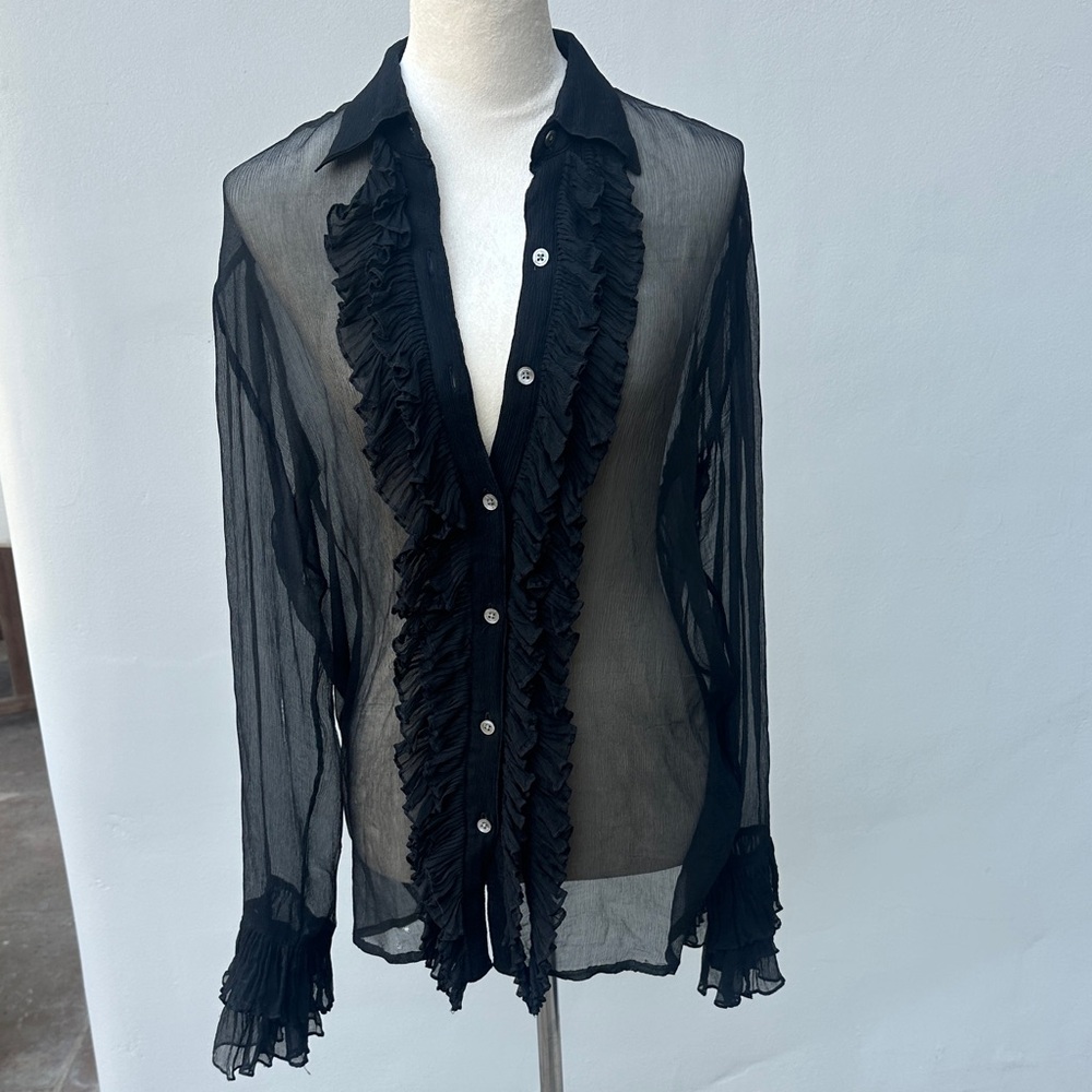 DKNY Sheer Black Romantic Silk Blouse with Ruffles Size Petite XS